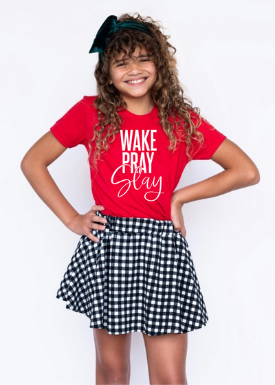 WAKE PRAY SLAY KIDS RED TEE - Clothed in Grace