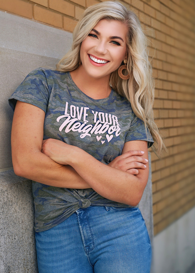 Love Your Neighbor-Camo tee - Clothed in Grace
